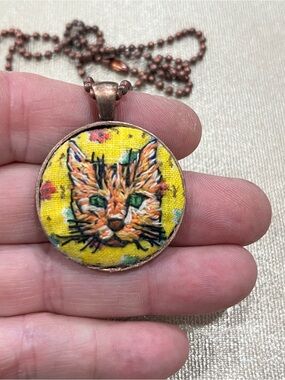 Hand embroidered ginger cat head handmade pendant and necklace